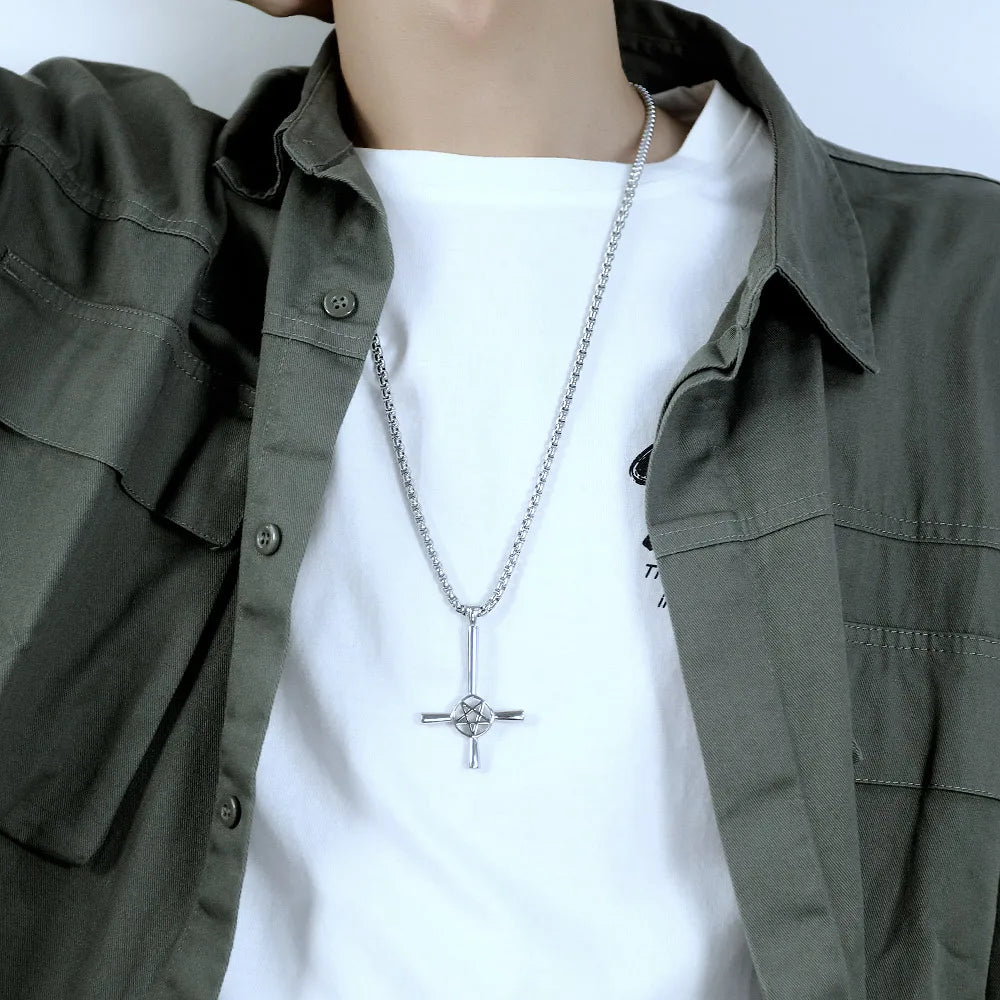 Vintage Stainless Steel Men?s Necklace Pentagram Inverted Cross Pendant
