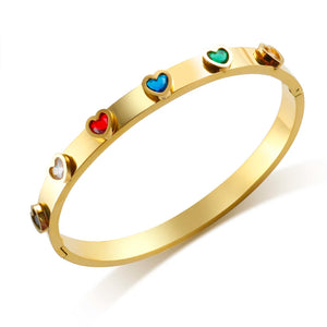 Vintage Stainless Steel Bracelets Colorful Heart CZ Charm Bangle Women