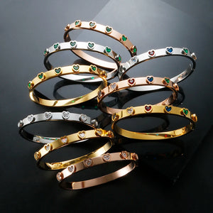 Vintage Stainless Steel Bracelets Colorful Heart CZ Charm Bangle Women