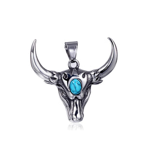 Vintage Stainless Steel Bull Head Pendant Necklaces For Men Punk Big Green Stone