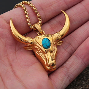 Vintage Stainless Steel Bull Head Pendant Necklaces For Men Punk Big Green Stone