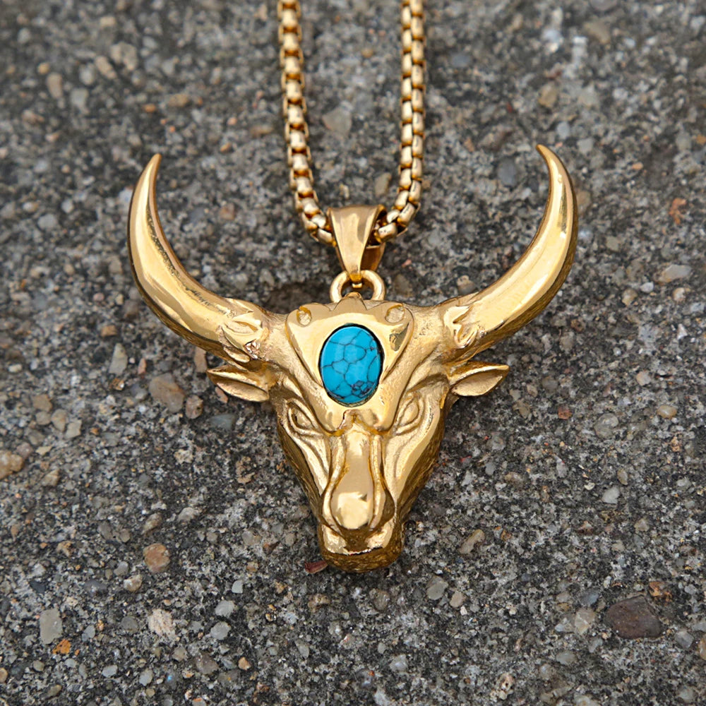 Vintage Stainless Steel Bull Head Pendant Necklaces For Men Punk Big Green Stone