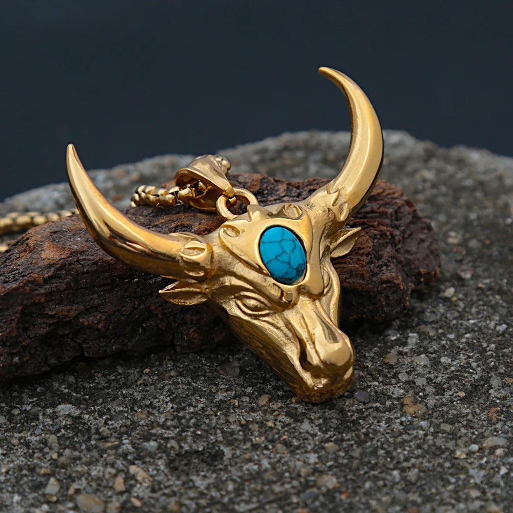 Vintage Stainless Steel Bull Head Pendant Necklaces For Men Punk Big Green Stone