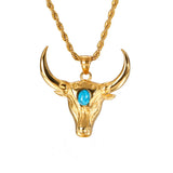 Vintage Stainless Steel Bull Head Pendant Necklaces For Men Punk Big Green Stone