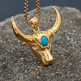 Vintage Stainless Steel Bull Head Pendant Necklaces For Men Punk Big Green Stone