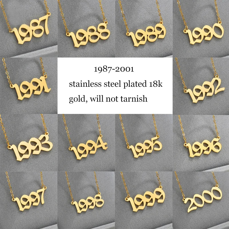 Vintage Stainless Steel Year Number Pendant Necklace 18K Plated