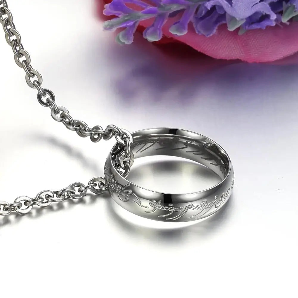 Vintage Stainless Steel Circle Ring Pendant Link Chain Necklace For Men
