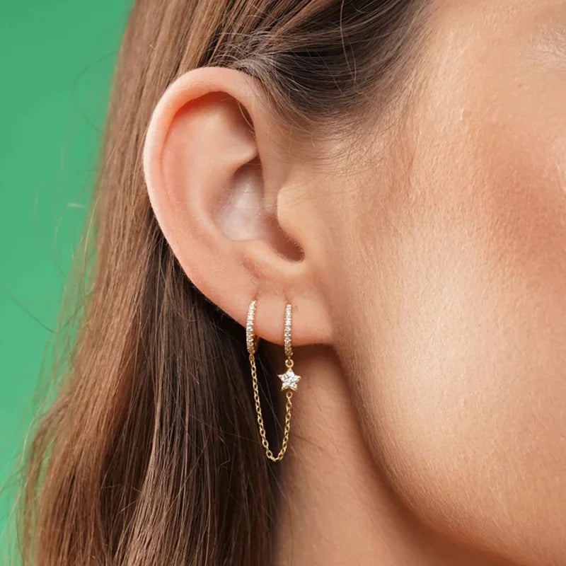 Vintage Stainless Steel Crystal Star Hoop Earrings Punk Jewelry
