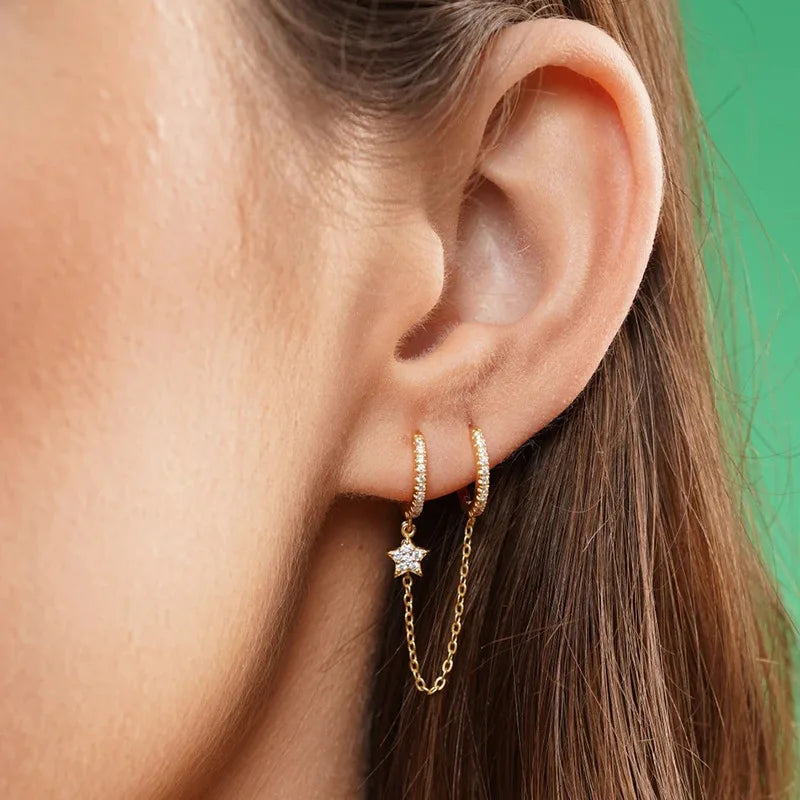 Vintage Stainless Steel Crystal Star Hoop Earrings Punk Jewelry