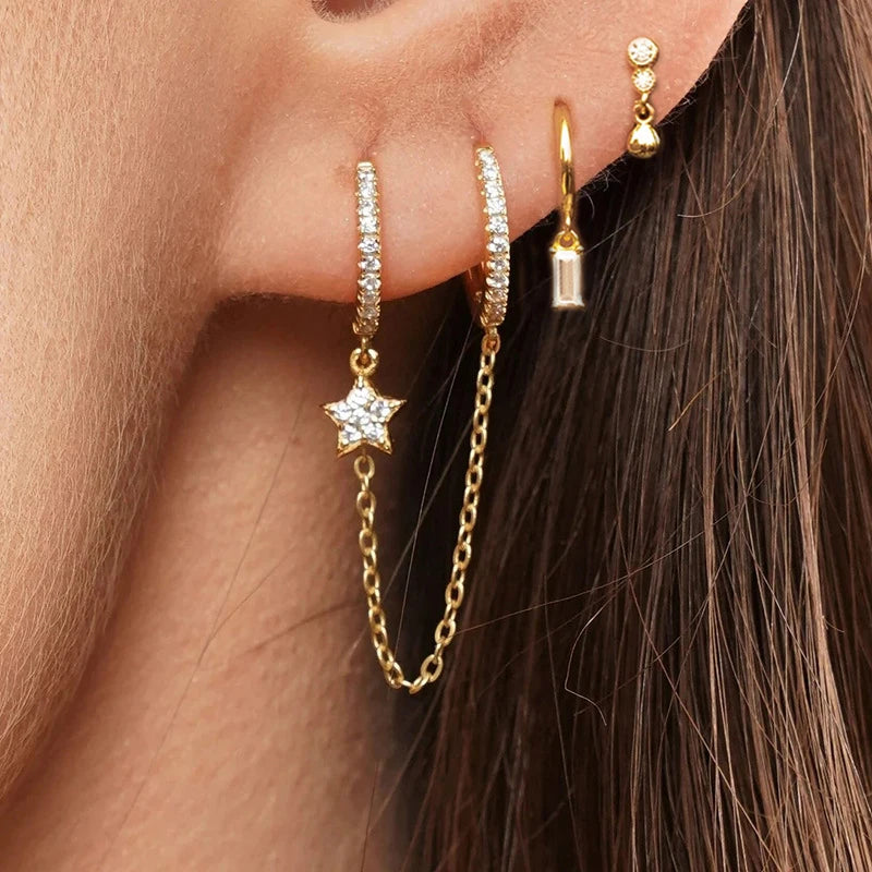 Vintage Stainless Steel Crystal Star Hoop Earrings Punk Jewelry