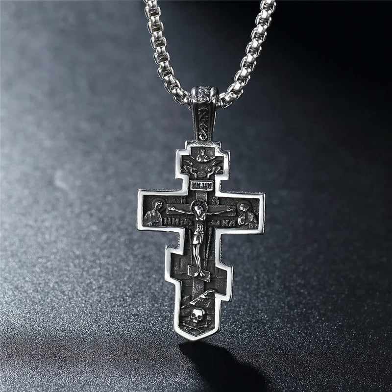 Vintage Stainless Steel Jesus Cross Necklace Men Chain Biker Amulet Cross