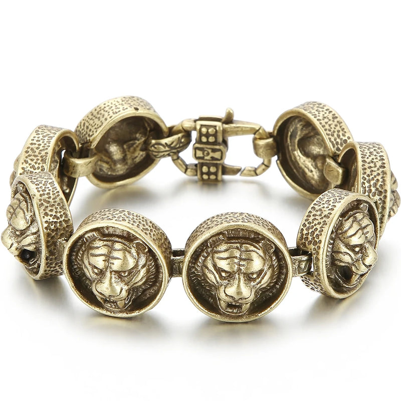 Vintage Stainless Steel Man Bracelet 22MM Wide Tiger Head Chain Charm Bracelets