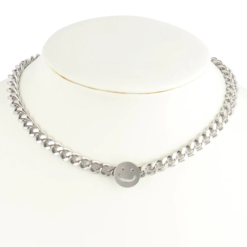Smiling Face Necklace Choker Double Chain Stainless Steel Vintage Jewelry