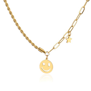 Smiling Face Necklace Choker Double Chain Stainless Steel Vintage Jewelry