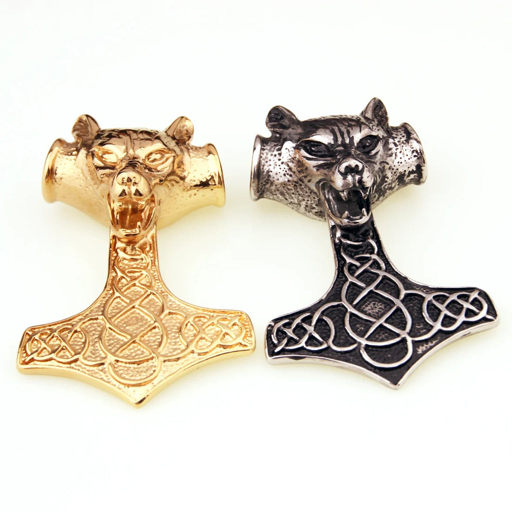 Vintage Stainless Steel Thor's Hammer Wolf Pendant Necklace