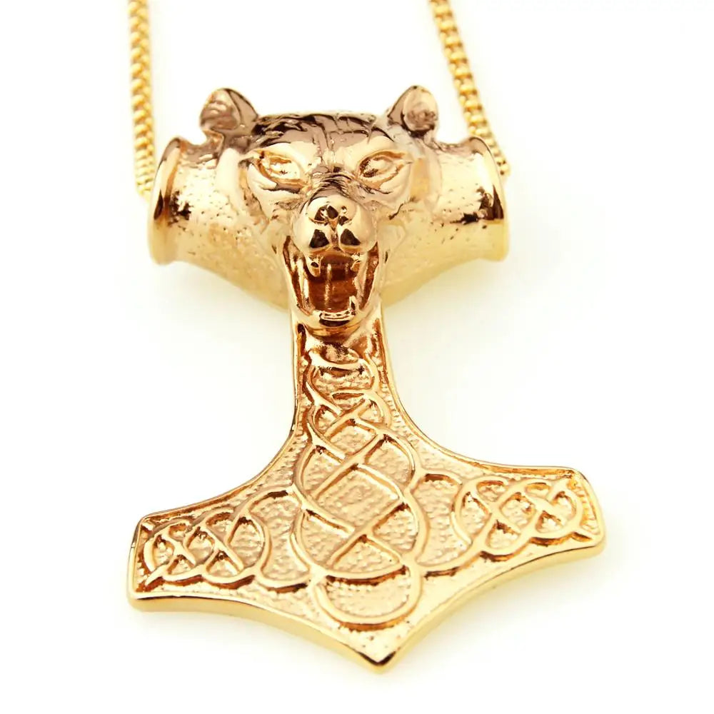 Vintage Stainless Steel Thor's Hammer Wolf Pendant Necklace