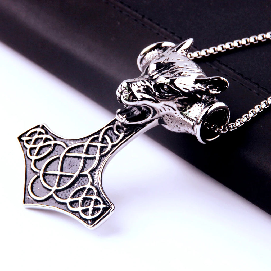 Vintage Stainless Steel Thor's Hammer Wolf Pendant Necklace