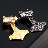 Vintage Stainless Steel Thor's Hammer Wolf Pendant Necklace