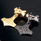 Vintage Stainless Steel Thor's Hammer Wolf Pendant Necklace