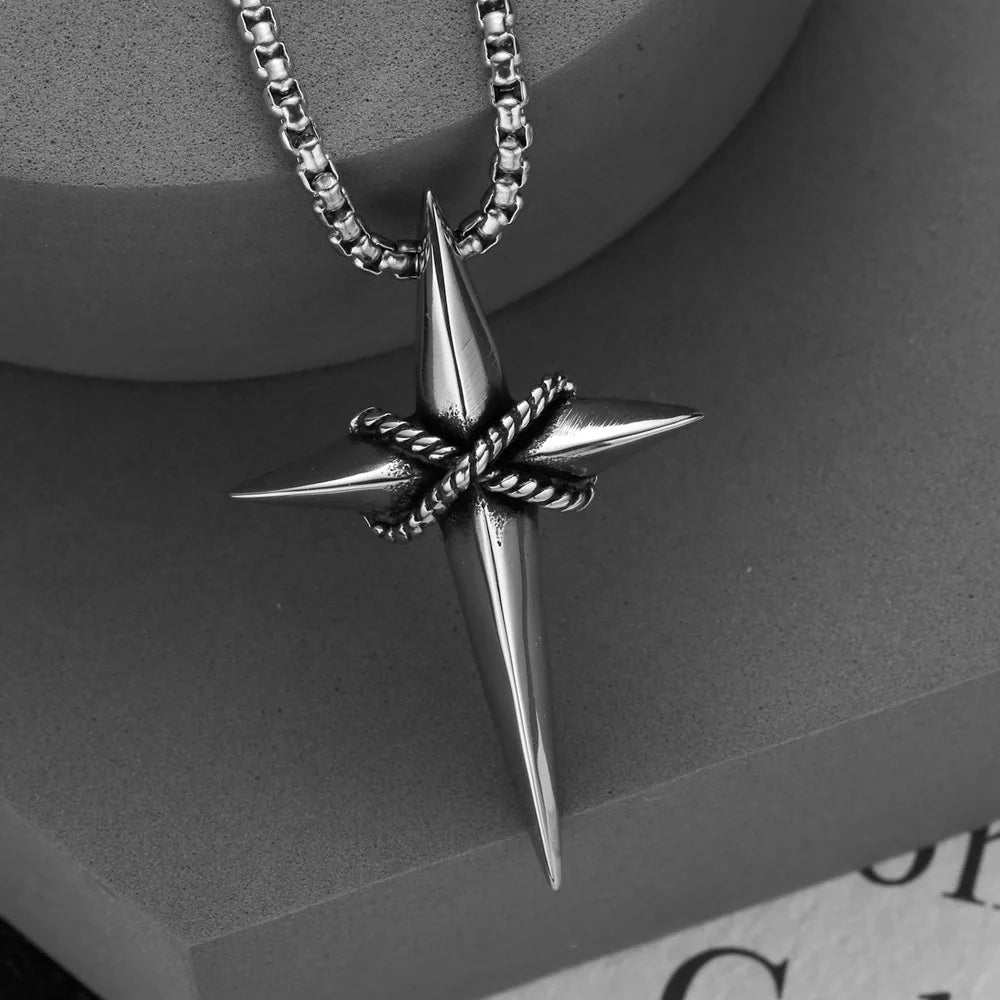 Vintage Star Cross Pendant Necklace Stainless Steel Cross Necklace for Men Women