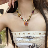 Vintage Wooden Beaded Pendant Necklace Women Ethnic Jewelry