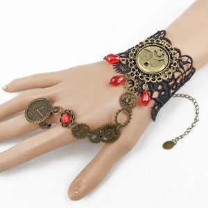 Steampunk Style Gear & Red Bead Bracelet & Ring Set