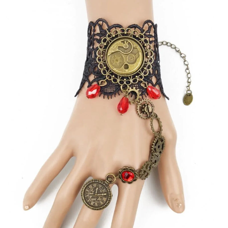 Steampunk Style Gear & Red Bead Bracelet & Ring Set