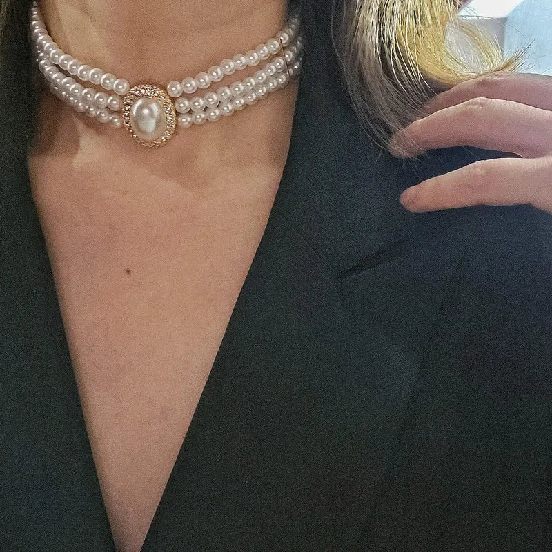 Vintage Style Pearl Choker Crystal Short Necklace Party Jewelry