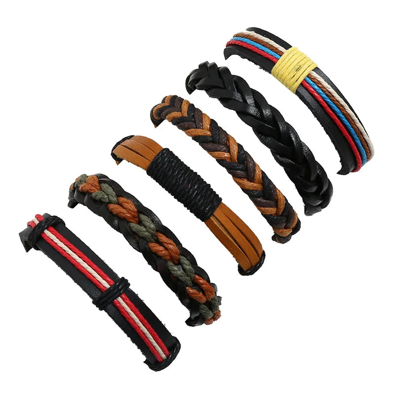 Vintage Style 6Pcs Set Multilayer Brown Leather Bracelets