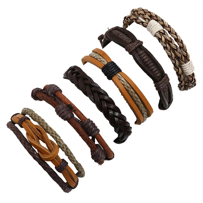 6Pcs Set Brown Leather Bracelet Multilayer Bangle Jewelry