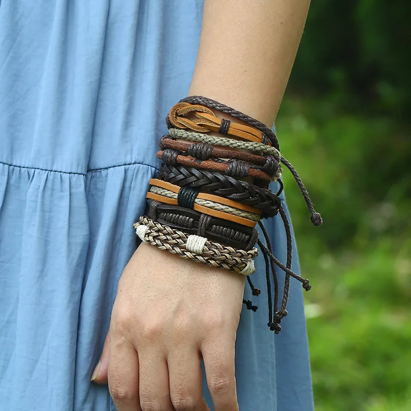 6Pcs Set Brown Leather Bracelet Multilayer Bangle Jewelry