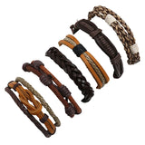 6Pcs Set Brown Leather Bracelet Multilayer Bangle Jewelry
