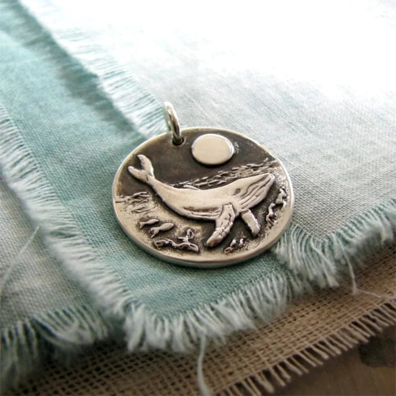 Vintage Style Men Metal Necklace Texture Sunset Fish Whale Pendant Necklace