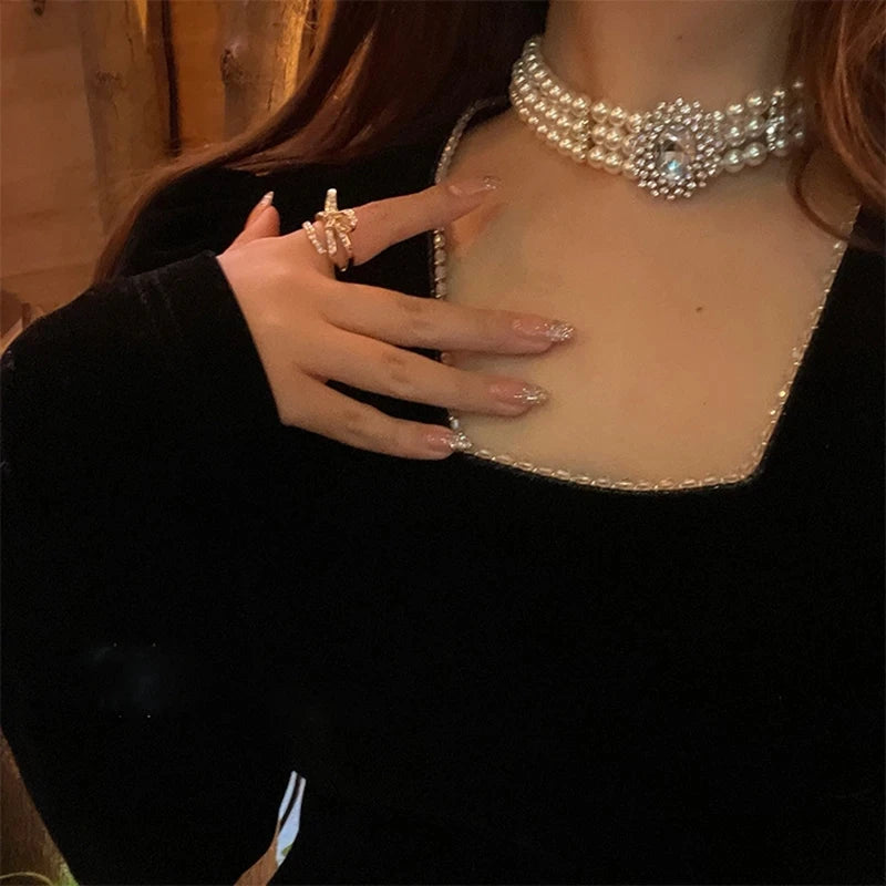 Vintage Style Multilayer Pearl Choker Geometric Rhinestone Necklace For Women