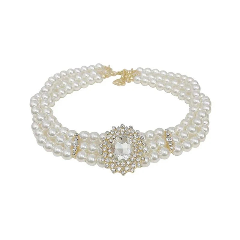 Vintage Style Multilayer Pearl Choker Geometric Rhinestone Necklace For Women