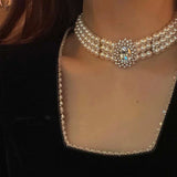 Vintage Style Multilayer Pearl Choker Geometric Rhinestone Necklace For Women