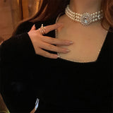 Vintage Style Multilayer Pearl Choker Geometric Rhinestone Necklace For Women