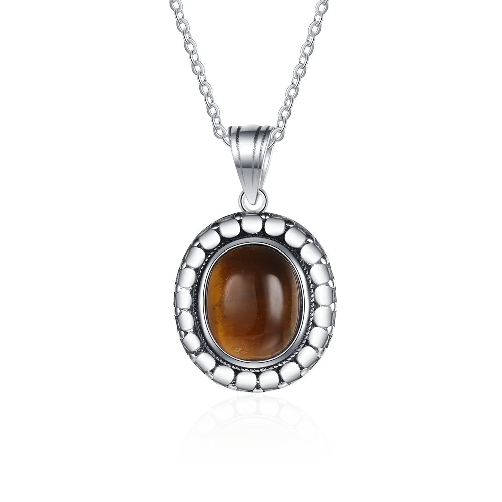 Vintage Oval Tiger Eye Pendant Necklace 925 Silver Charm Chain Gift