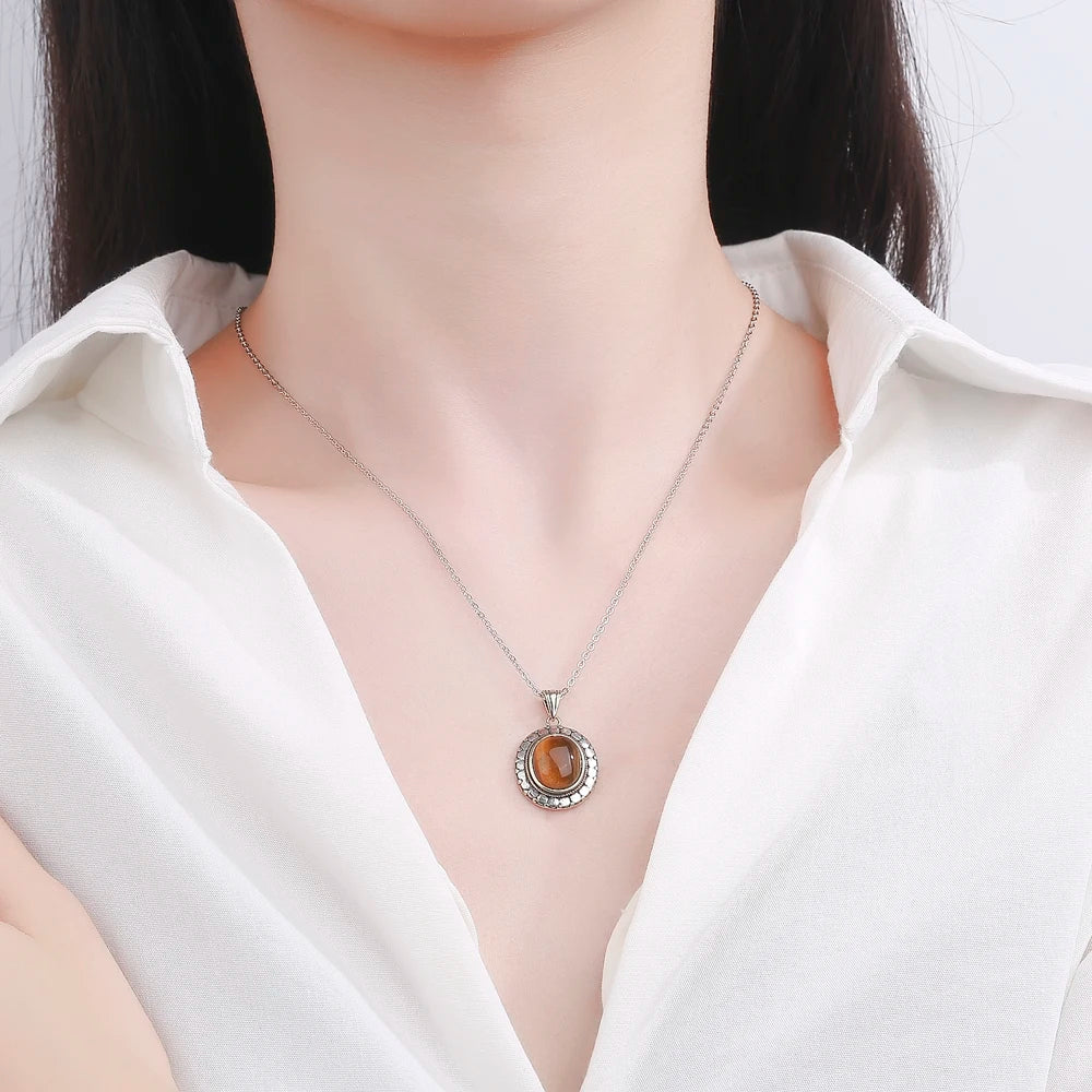 Vintage Oval Tiger Eye Pendant Necklace 925 Silver Charm Chain Gift