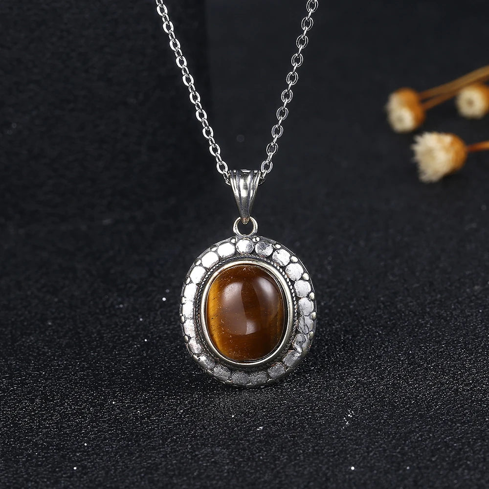 Vintage Oval Tiger Eye Pendant Necklace 925 Silver Charm Chain Gift