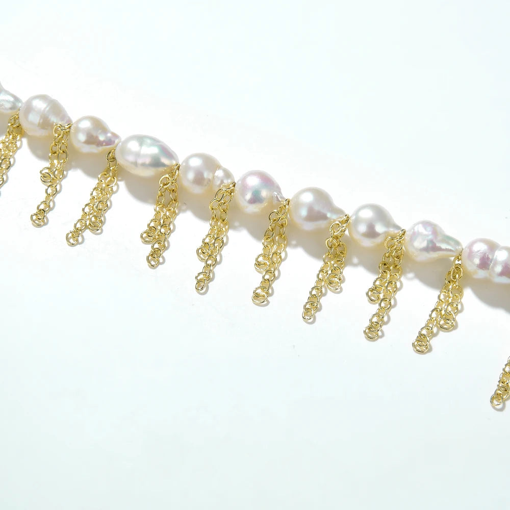 Vintage Freshwater Pearl Chain Choker Necklace with Tassel