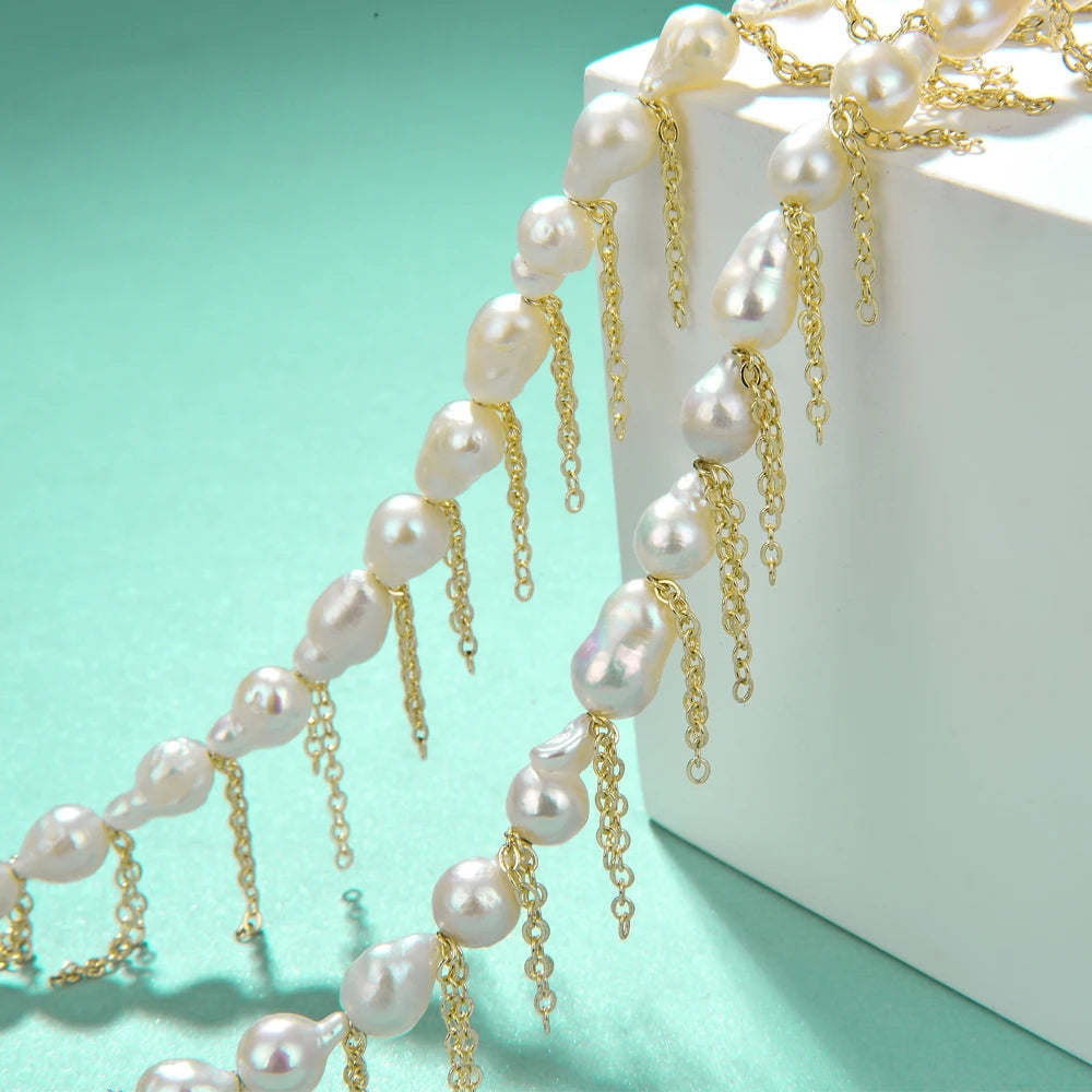 Vintage Freshwater Pearl Chain Choker Necklace with Tassel