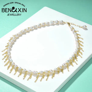 Vintage Freshwater Pearl Chain Choker Necklace with Tassel