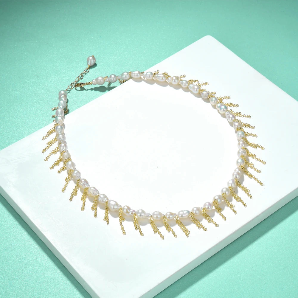 Vintage Freshwater Pearl Chain Choker Necklace with Tassel