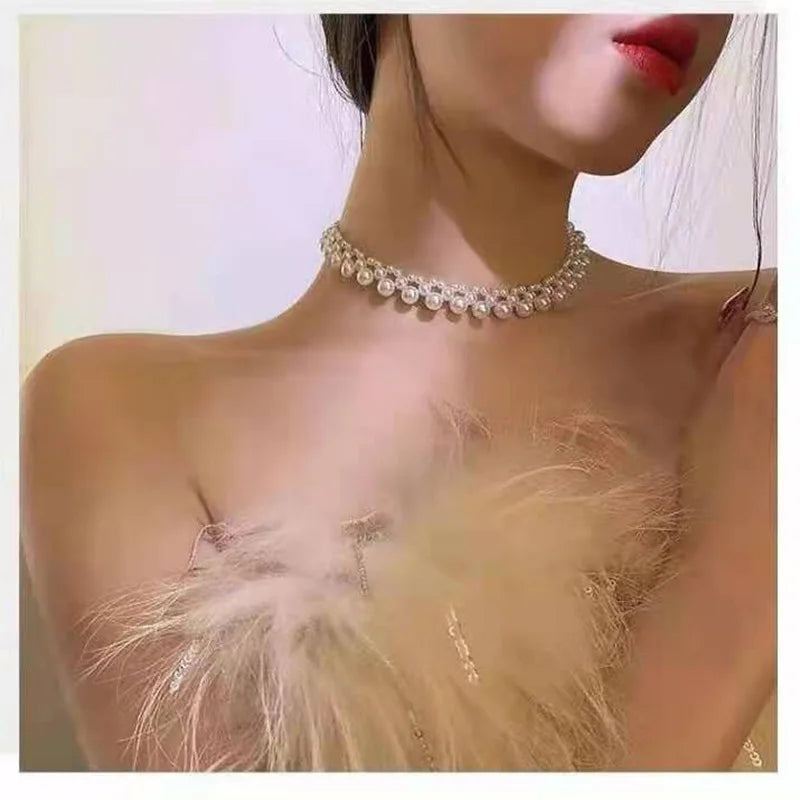 Vintage Pearl Chain Choker Necklace Love Shell Pendant Jewelry