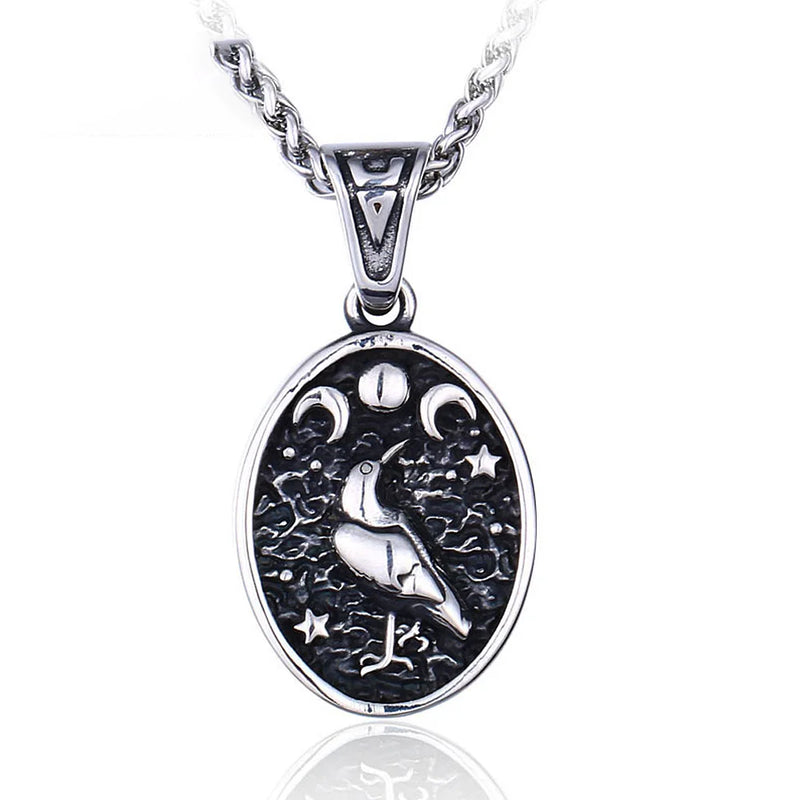 Vintage Sun Moon Star Crow Stamp Pendant Necklace
