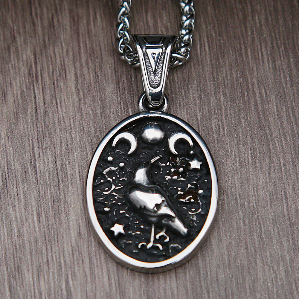 Vintage Sun Moon Star Crow Stamp Pendant Necklace