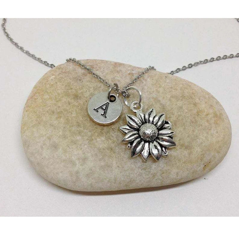 Vintage Sunflower Letter Necklace Personalized Stainless Steel Charm Jewelry