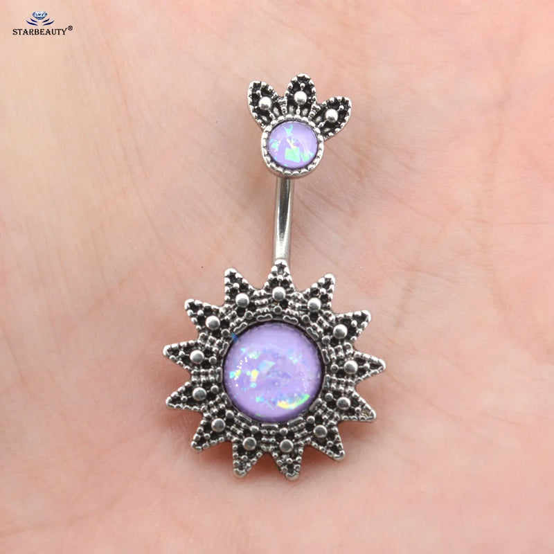 Vintage Sunflower Navel Piercing Jewelry Purple Round Gem Belly Button Rings