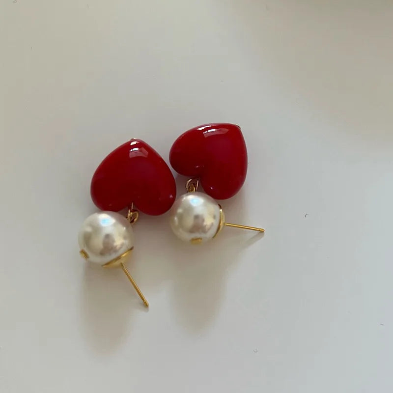 Sweet Pink Heart Pendant Earrings Freshwater Pearl Contrast Earring